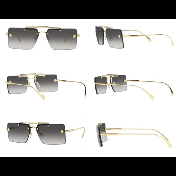 VERSACE CONTEMPORARY RIMLESS GOLD MEDUSA DETAILING / GREY RECTANGLE SUNGLASSES